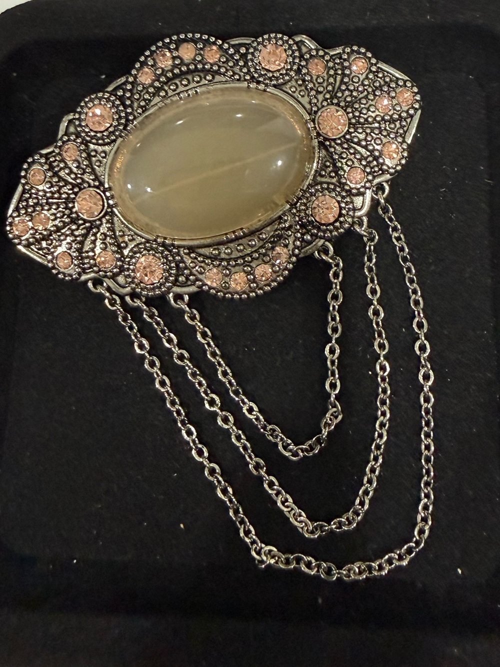 Silver-Tone Brooch with Pink Crystal Accents and Milky Cabochon
